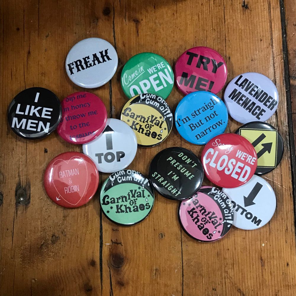 A colorful collection of LGBTQIA+ and kink-inclusive consent badges for CarníVal of Khaos, a kink and chaos magick camping event from August 21-24.