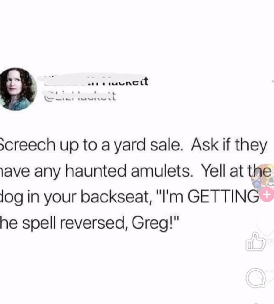 Screech up to a yard sale. Ask if they have any haunted amulets. Yell at the dog in your back seat, 