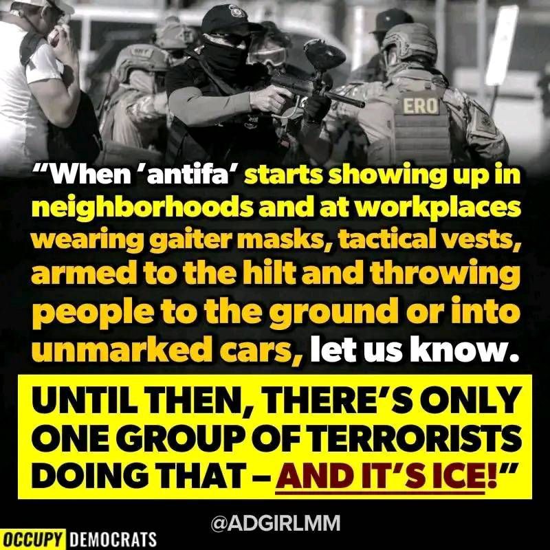 When 'antifa' starts showing up in neighborhoods and at workplaces wearing gaiter masks, tactical vests, armed to the hilt and throwing people to the ground or into unmarked cars, let us know.

UNTIL THEN, THERE'S ONLY ONE GROUP OF TERRORISTS DOING THAT--AND IT'S ICE!

--OCCUPY DEMOCRATS