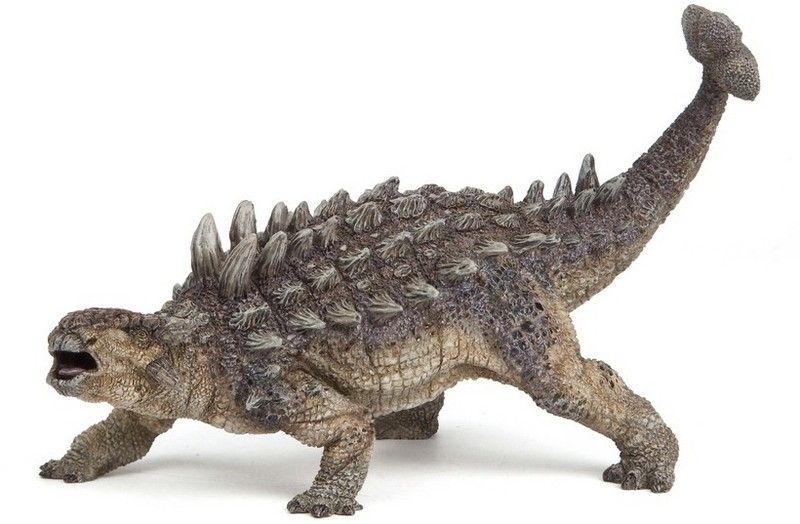 A picture of a plastic ankylosaurus toy.