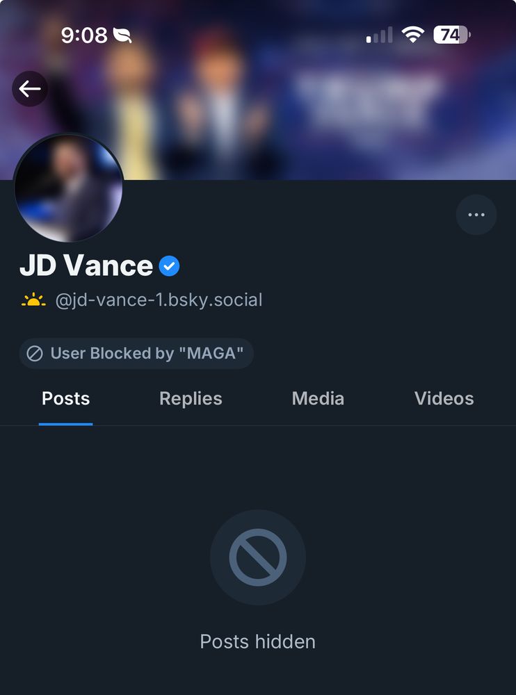Human used diaper JD Vance has a Bluesky account. Pictured here auto blocked for me by the “MAGA” blocklist I am subscribed to.