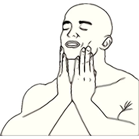 Good feels meme template of a cartoon ma in white with black outline stroking his cheeks with his open hands in a gesture of joy and satisfaction at some outcome.