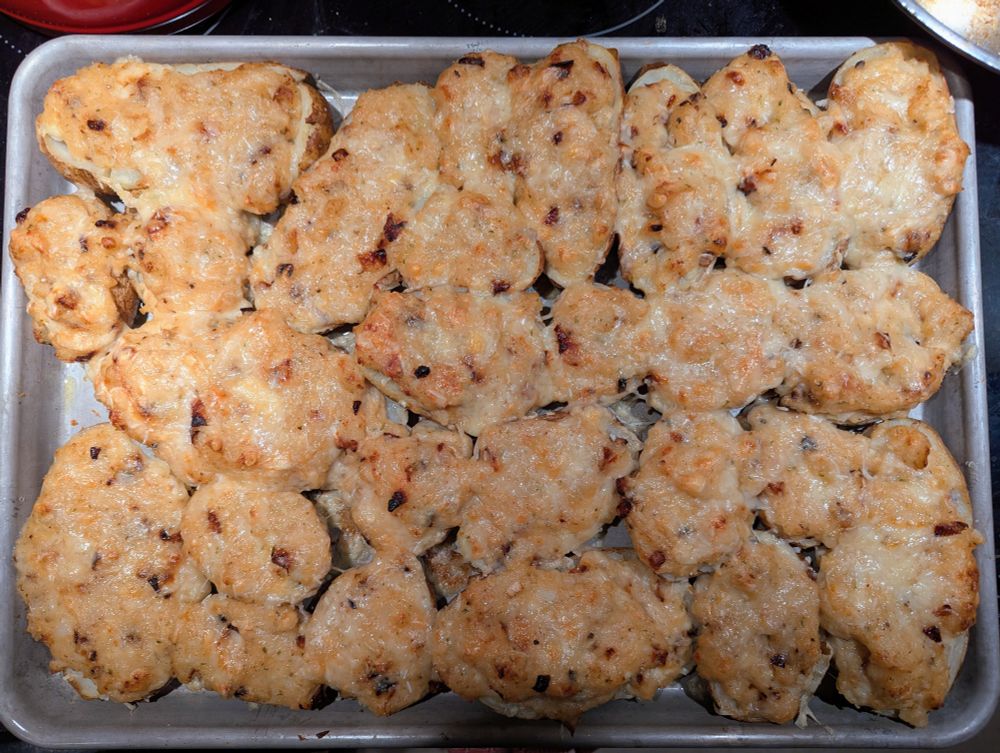 Pan of twice baked potatoes viewed from above