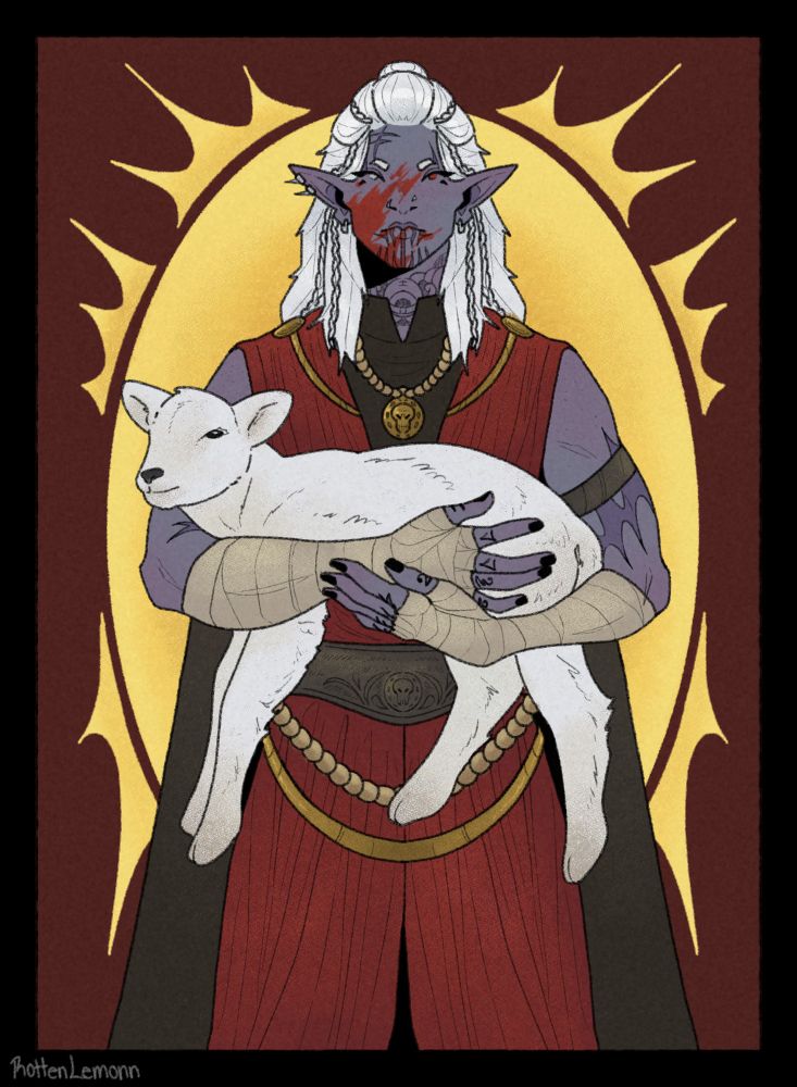A drow dark urge character from bg3 holding a lamb.
