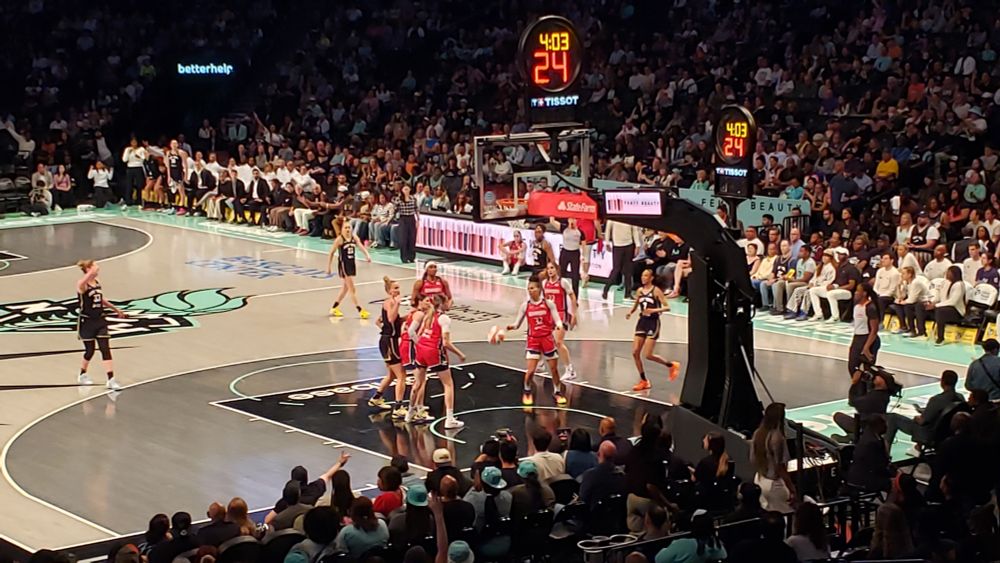 Aftermath of Meesseman hitting a 3. Liberty v Mystics at Barclays Center from surprisingly cheap floor seats