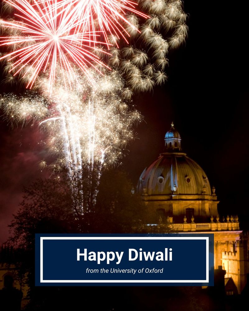 Fireworks display above the dome of the Radcliffe Camera at the University of Oxford with a text overlay saying 'Happy Diwali from the University of Oxford.'