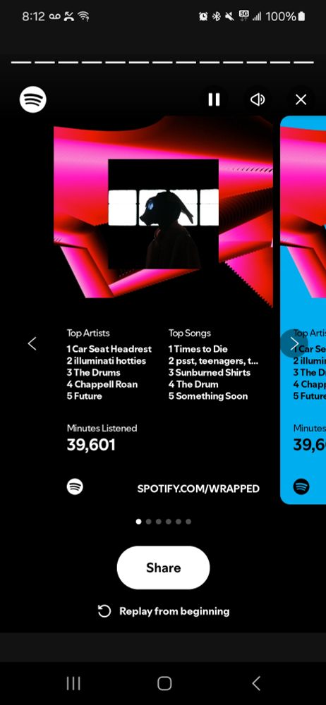 Screenshot of spotify wrapped

 
Top Artists 1 Car Seat Headrest 2 illuminati hotties 3 The Drums 4 Chappell Roan 5 Future 

Top Songs 1Times to Die 2 psst, teenagers, t... 3 Sunburned Shirts 4 The Drum 5 Something Soon 

Minutes Listened 39,601 