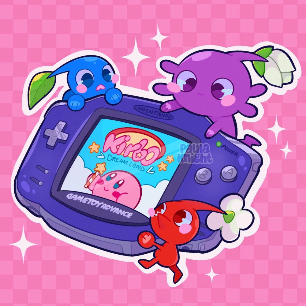 Small illustration featuring 3 Pikmin from the videogame franchise Pikmin from Nintendo ( 
One blue on top and one purple on the side, one red on the bottom) They're carrying a Gameboy Advance that's playing Kirby's dream land intro. Names of the console and the game have been altered a little. The background is pink with sparkles.
