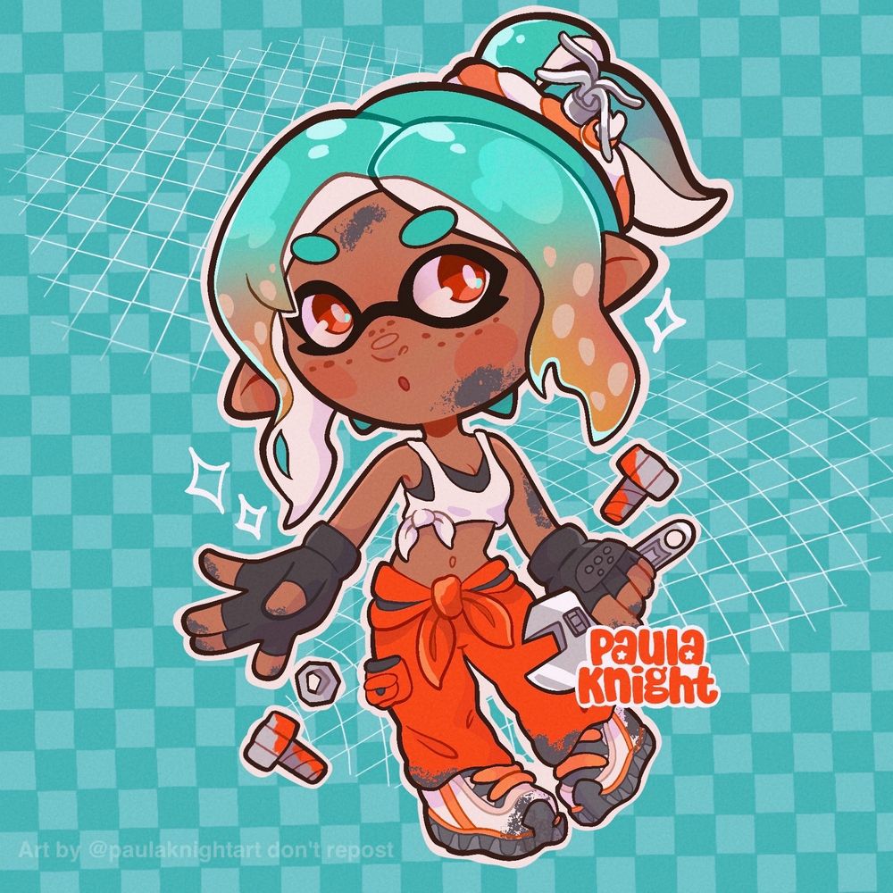 Chibi illustration of the new character presented by Splatoon, The mechanic.
In the illustration she is drawn with chibi proportions, with a wrench on one of her hands and a bunch of screws in the background 