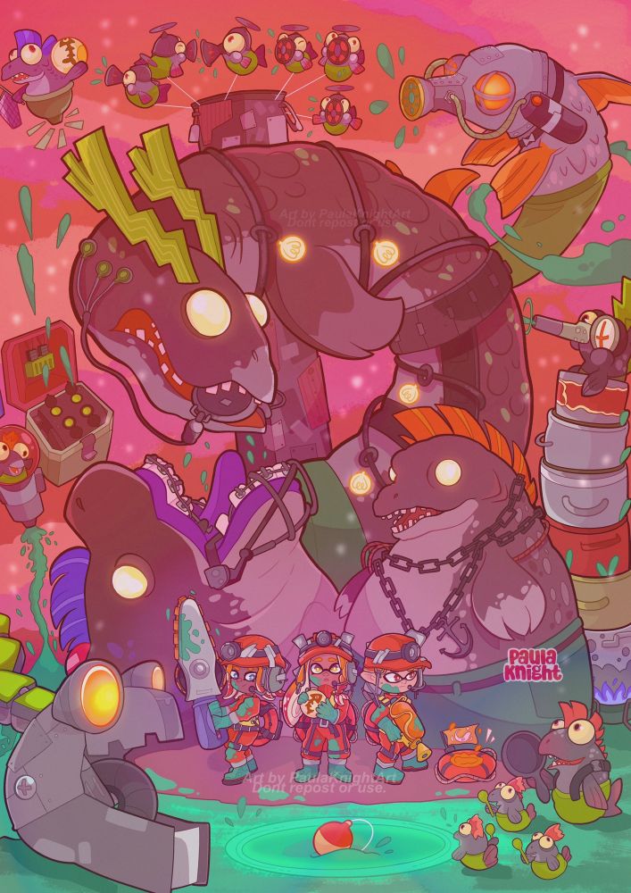 Illustration depicting a salmon run/big run shift of the videogame Splatoon 3. The four characters are surrounded by the salmonid enemies and the bosses, the sky is a bright red.