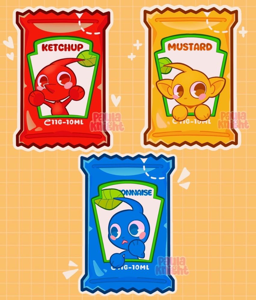 Cute small illustration of the 3 main pikmin colours: Red, yellow and blue inside some small sauce sachets of ketchup,mustard and mayonnaise. Each Pikmin matches the colour of the sauce package 
