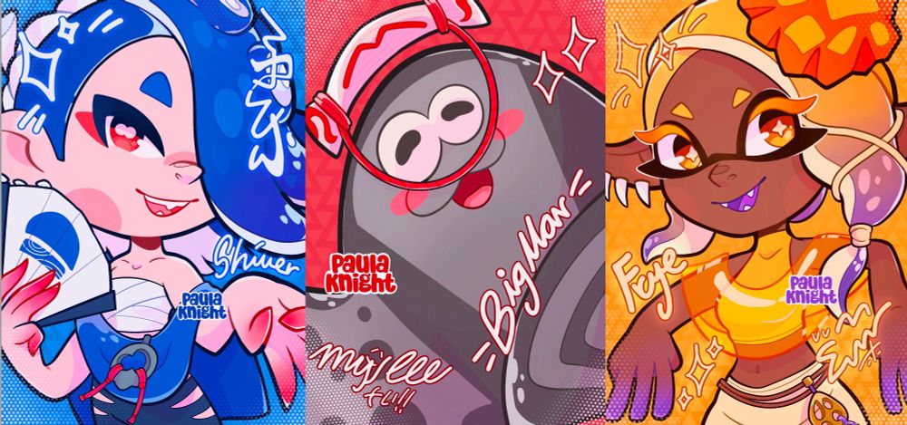 Photocard illustration of the idol group Deep Cut from the Splatoon 3 game. In order: Shiver, Big man and Frye.