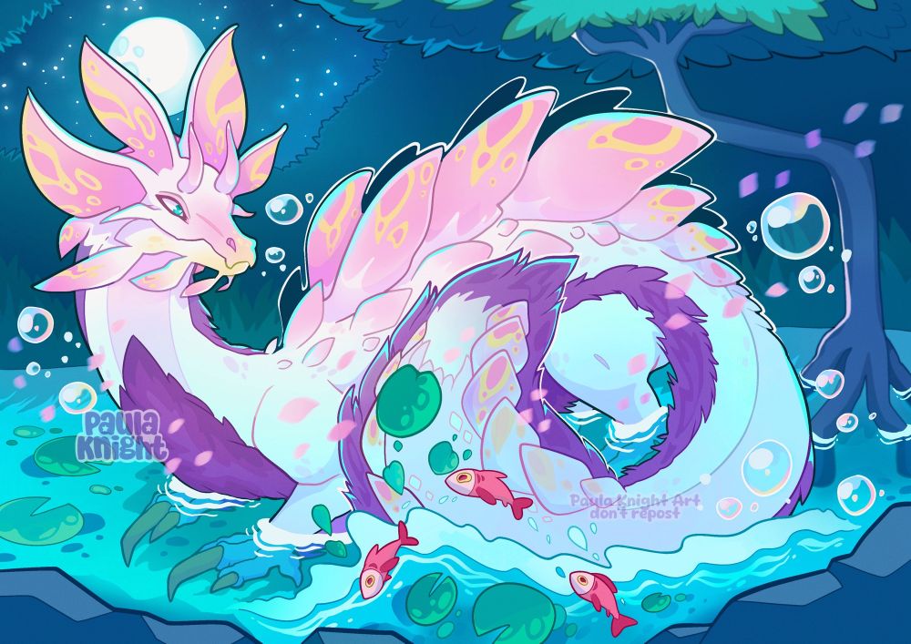Detailed illustration of the leviathan monster from the franchise Monster Hunter, Mizutsune. Standing at night on a lake with some lily pads and 3 cute red fishes. The moon is full and bright on the background, making a pleasant and relaxing scene.