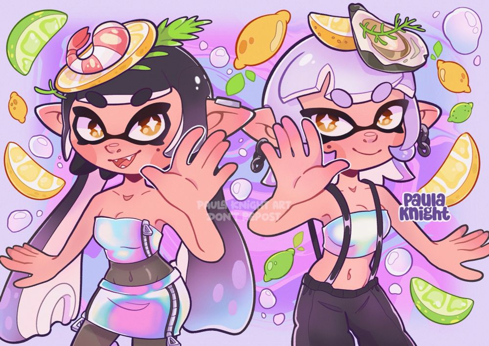 Digital illustration of Callie and Marie from the duo Squidsisters from the videogame Splatoon 3 in their summer festival outfits, with limes and lemons in the background 