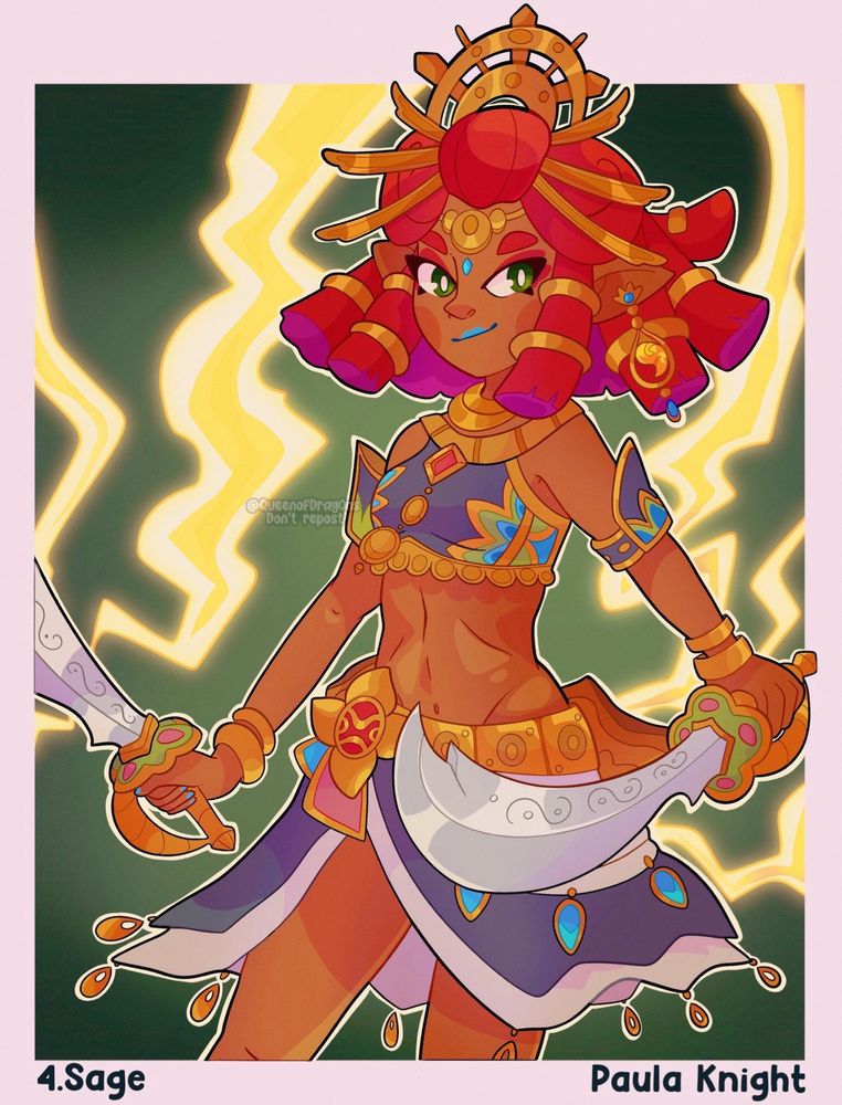 Digital illustration of the character Riju from the videogame Tears of the Kingdom 