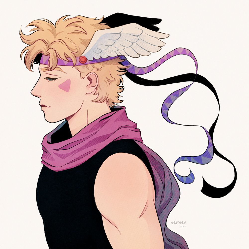 a side-profile drawing of caesar zeppeli from "jojo's bizarre adventure". he faces left with a calm expression and half-closed eyes. a long ribbon is tied around his head, flowing behind him.