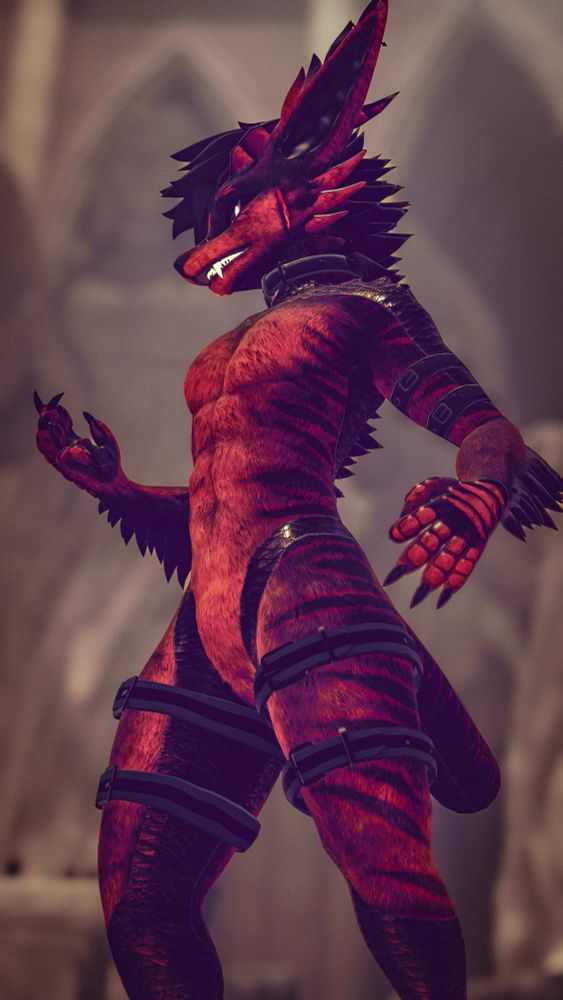 Crimson red Vernid posing in a fighting stance 