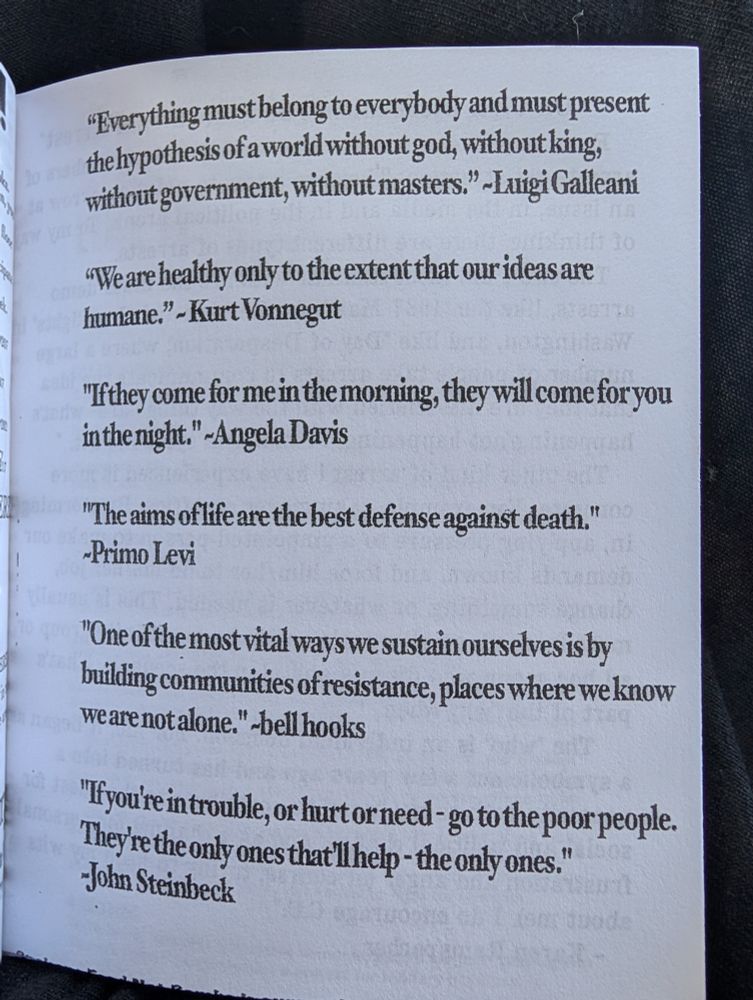 "Everything must belong to everybody and must present the hypothesis of a world without god, without king, without government, without masters." -Luigi Galleani

"We are healthy only to the extent that our ideas are humane."-Kurt Vonnegut

07 UR

"If they come for me in the morning, they will come for you in the night."-Angela Davis

BR

"The aims of life are the best defense against death." -Primo Levi

"One of the most vital ways we sustain ourselves is by building communities of resistance, places where we know we are not alone."-bell hooks

"If you're in trouble, or hurt or need- go to the poor people. They're the only ones that'll help - the only ones."

-John Steinbeck