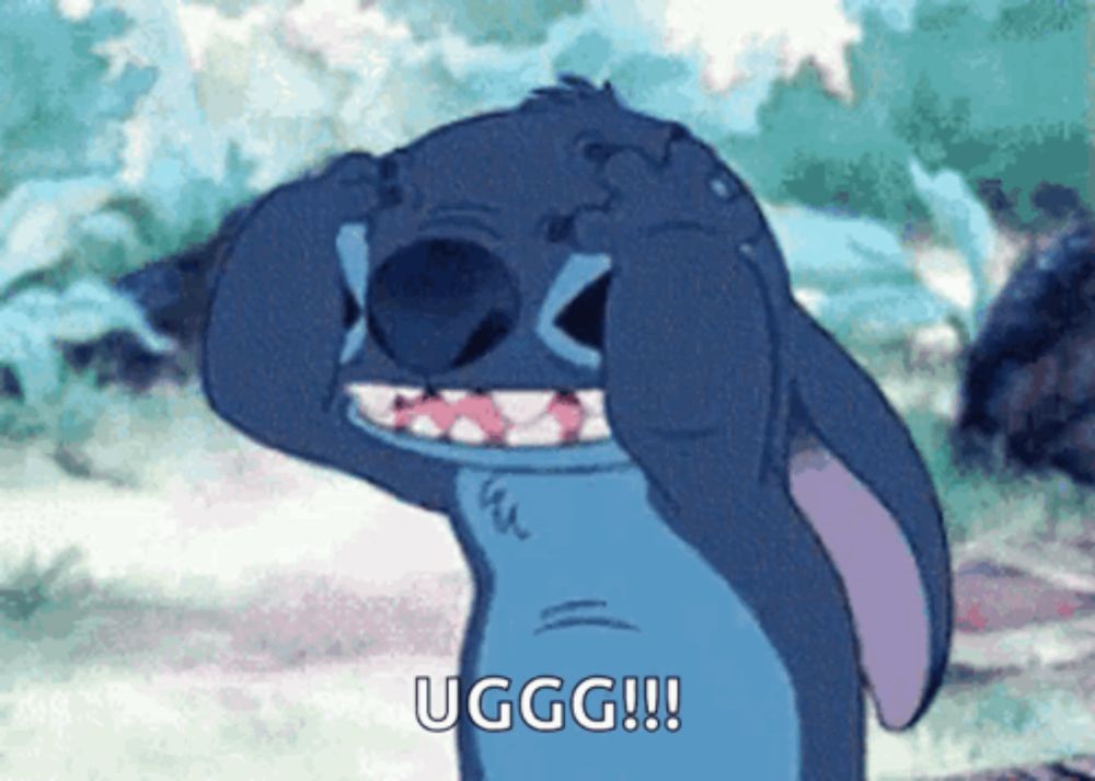 a cartoon of stitch covering his eyes with his hands and the words uggg !! below him .