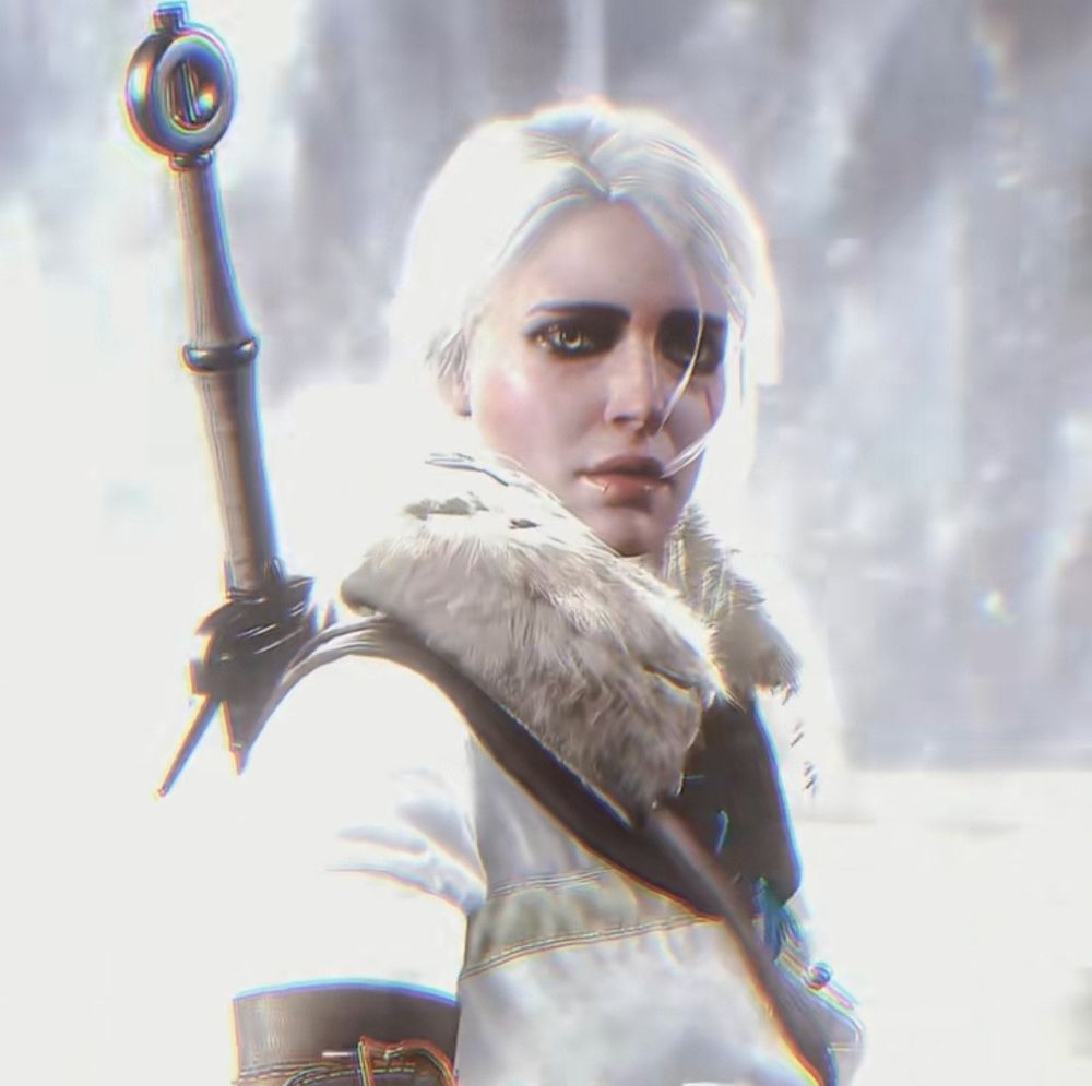 art of ciri from the witcher 3. it's near the end of the base game, and she looks back once before preparing to walk through a portal behind her