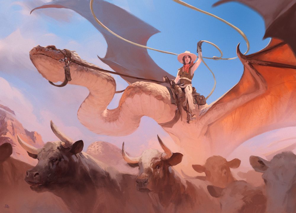 A herd of terrified cows runs through dust in the foreground while above their heads against a blue sky you see the underside of a huge diamondback rattlesnake dragon spreading its wings over the herd with a cowgirl on a saddle on its back spinning a rope above her head 