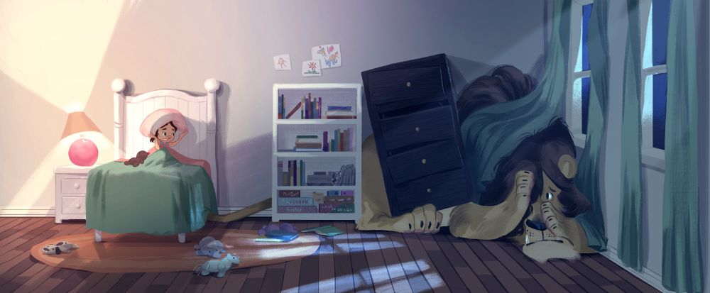 Little girl scared in her bed looking at a lion who is cowering under her dresser from This is MY room no tigers allowed 
