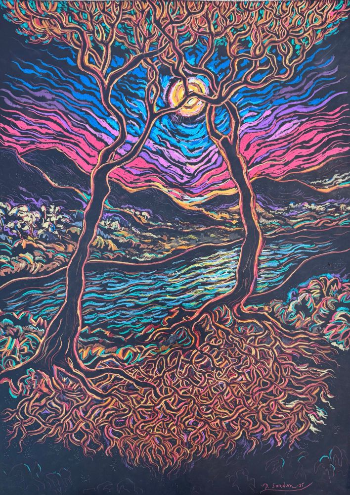 Artwork by David Sandum in Norway.

Title: ’Moonlight’
Medium: Mixed media: Pastel/watercolor pencils/oil pastel on 300 mg black watercolor paper.
Size: 70x50 cm (27.5 x 19.6 inch)
Year: 2025

Artist’s note: 

My 3rd large scale work on black paper. With this work, I am taking the technique further by adding highlights and certain areas with Carandache oil pastel sticks. The moon and light blue areas around it in particular. Also in the water reflection. I keep wanting to make the colors pop more and constantly turn off the light in the studio to see if they are bright enough. It is amazing to see the difference between daylight or under electric light. The photo in this post was taken in the evening on a cloudy day, which I have found renders the best true representation. Yet in a gallery under a spotlight, the colors will sing even more! I often discuss the difficulty of photographing your work with my artist friends. It is an issue of great worry for me, and I always tell my collectors to frame these works behind anti-reflective glass and to hang them in proper light. Some say that a work should carry itself in any kind of light. True I suppose, but I promise you, if you would walk into any art museum without proper lighting, you would get an entirely different experience.

#art #mixedmedia #expressionism #blueskyart #pastel 

