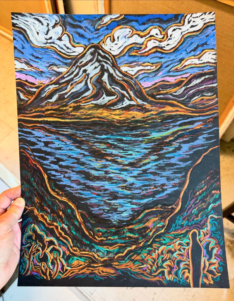 Artwork by David Sandum


Title: ‘Mountain Song’
Medium: Mixed media: Carandache watercolor/pastel pencils/oil pastel sticks on black watercolor paper.
Size: A3 (8.3x11.7 inch).
Year: 2025