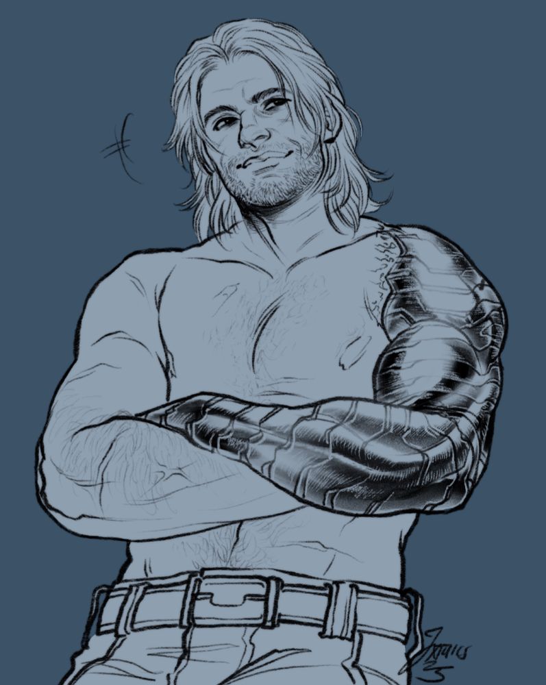 a drawing of bucky barnes from the mcu in shades of blue. he is shirtless and folding his arms, with his metal arm on display. he's smiling with a content expression.