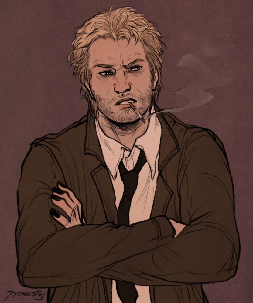 a drawing of john constantine on a purple background. his arms are crossed. he is looking annoyed while smoking a cigarette.