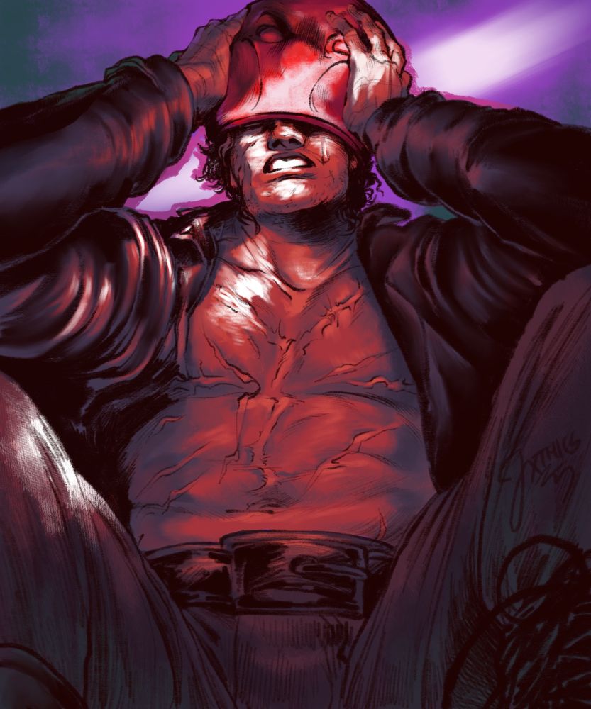 a drawing of jason todd from dc comics done in vibrant reds, blues, and purples, with a ray of light diagonally across the piece. he is taking the red hood helmet off. he is in his jacket, but he isn't wearing a shirt underneath, showing extensive scars. only the bottom half of his face is visible, with his mouth open and a tear running down his face.