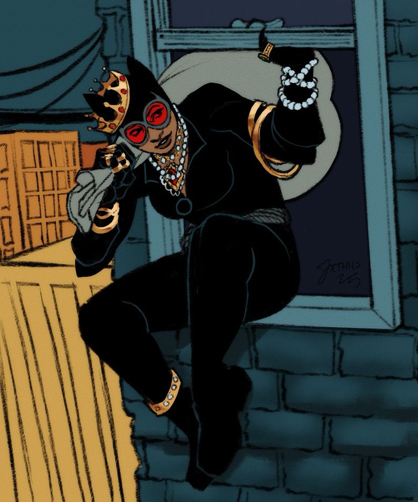 a drawing of catwoman from dc comics breaking out of a window while covered in gold and pearl jewelry. she is carrying a big bag over one shoulder.