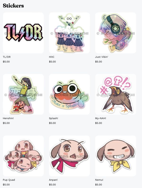 nemu*nemu, and other fun stickers shown on the shop website.