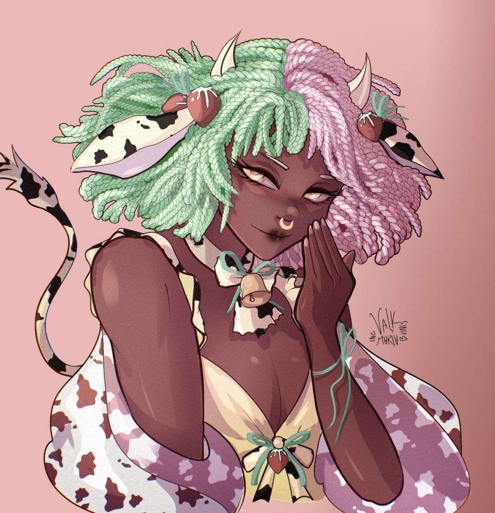Dark skinned girl with cow ears and horns, hair is braided green and pink