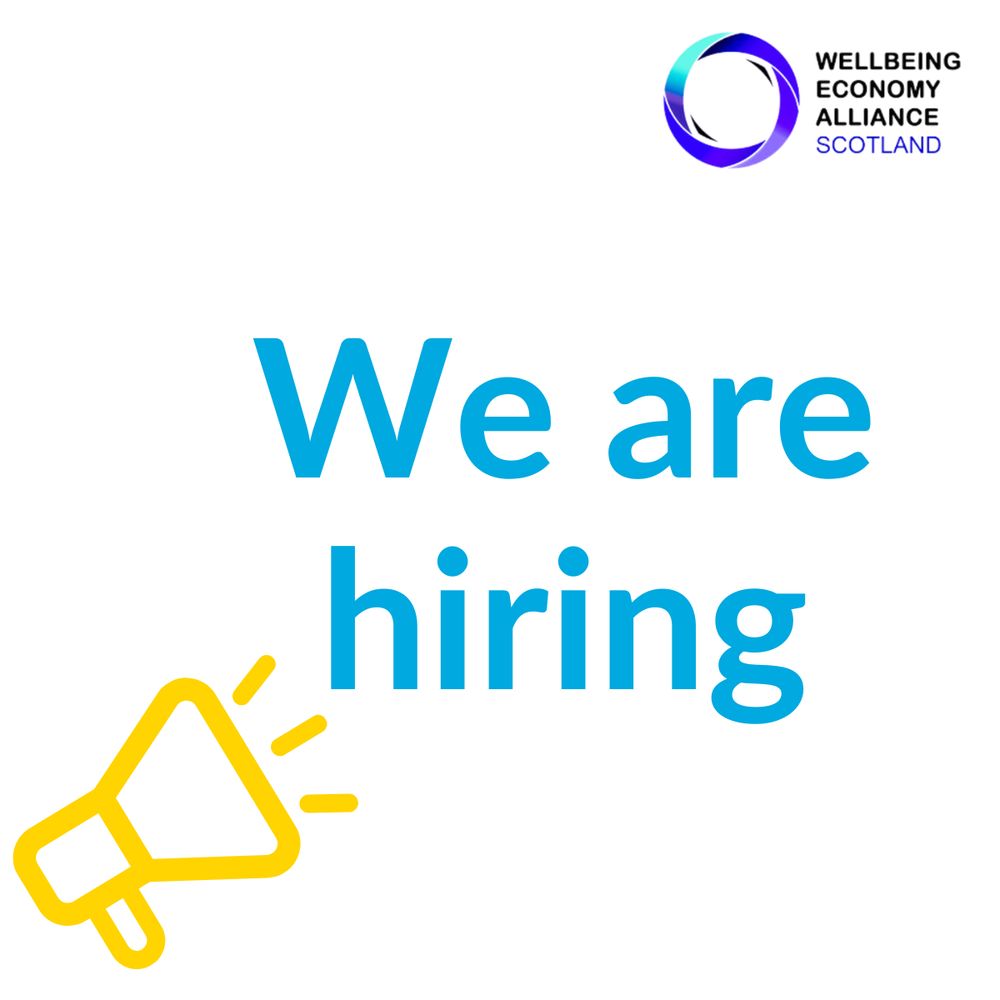 white background with 'We are hiring' in big blue letters right in the middle. In the bottom left hand corner there is a yellow outline of a megaphone and in the top right hand corner is the WEAll Scotland logo.