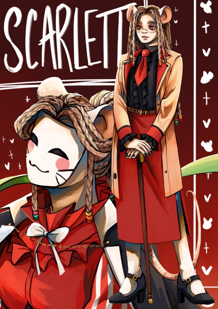 Fullbody and portrait of Scarlett, an albino black woman with mouse ears and tail. On the portrait, she is wearing a smiling mask with whiskers