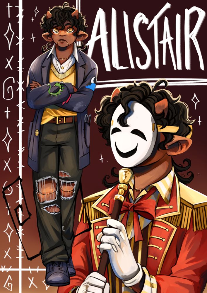 Fullbody and portrait of Alistair, a young dark skinned man with horns, curly black hair and a spirally tail. On the portrait, he is wearing a smiling mask