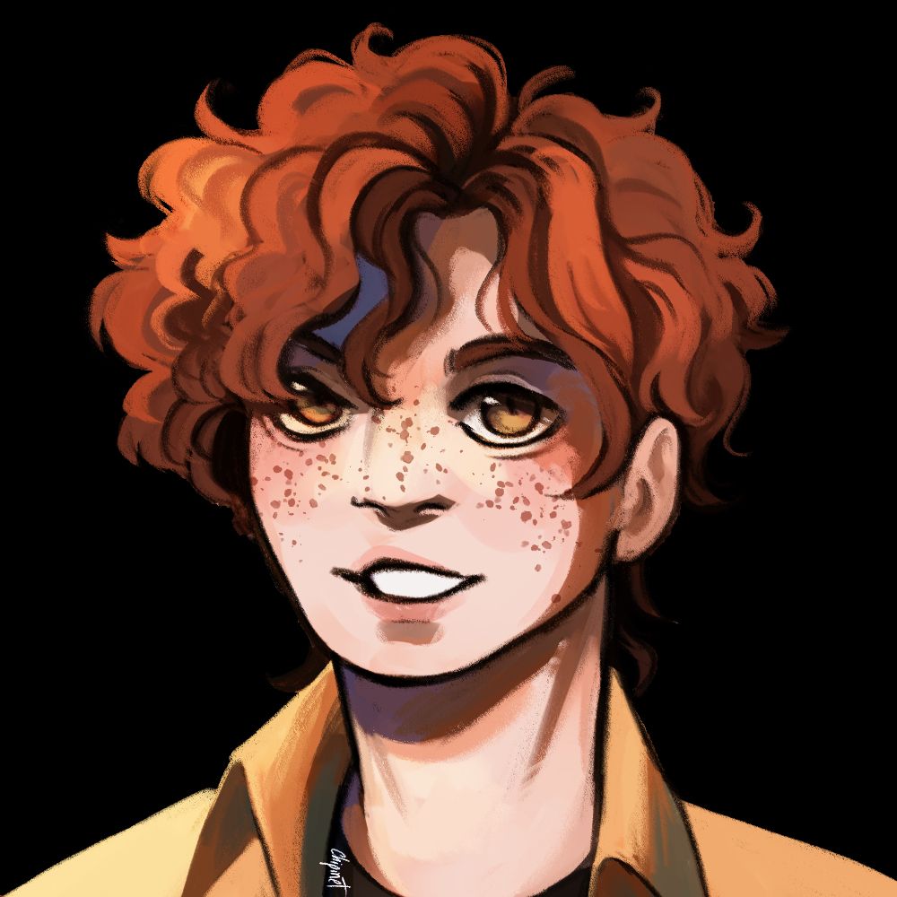 Portrait of a man with white skin and freckles, shaggy auburn hair, wearing a black shirt with a yellow overshirt