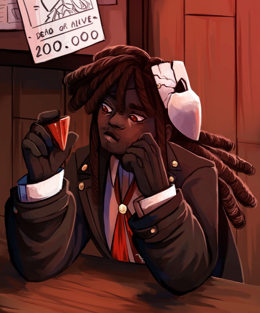 A black man with long twist in a low ponytail is looing at a red gem. He has red eyes and is wearing a mask on the side of his head. Behind him is a wanted poster with his picture