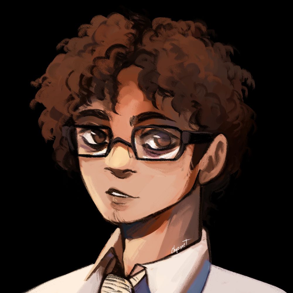 Portrait of a man with tan skin, dark brown short curly hair, wearing a white shirt with a tie and dirty glasses