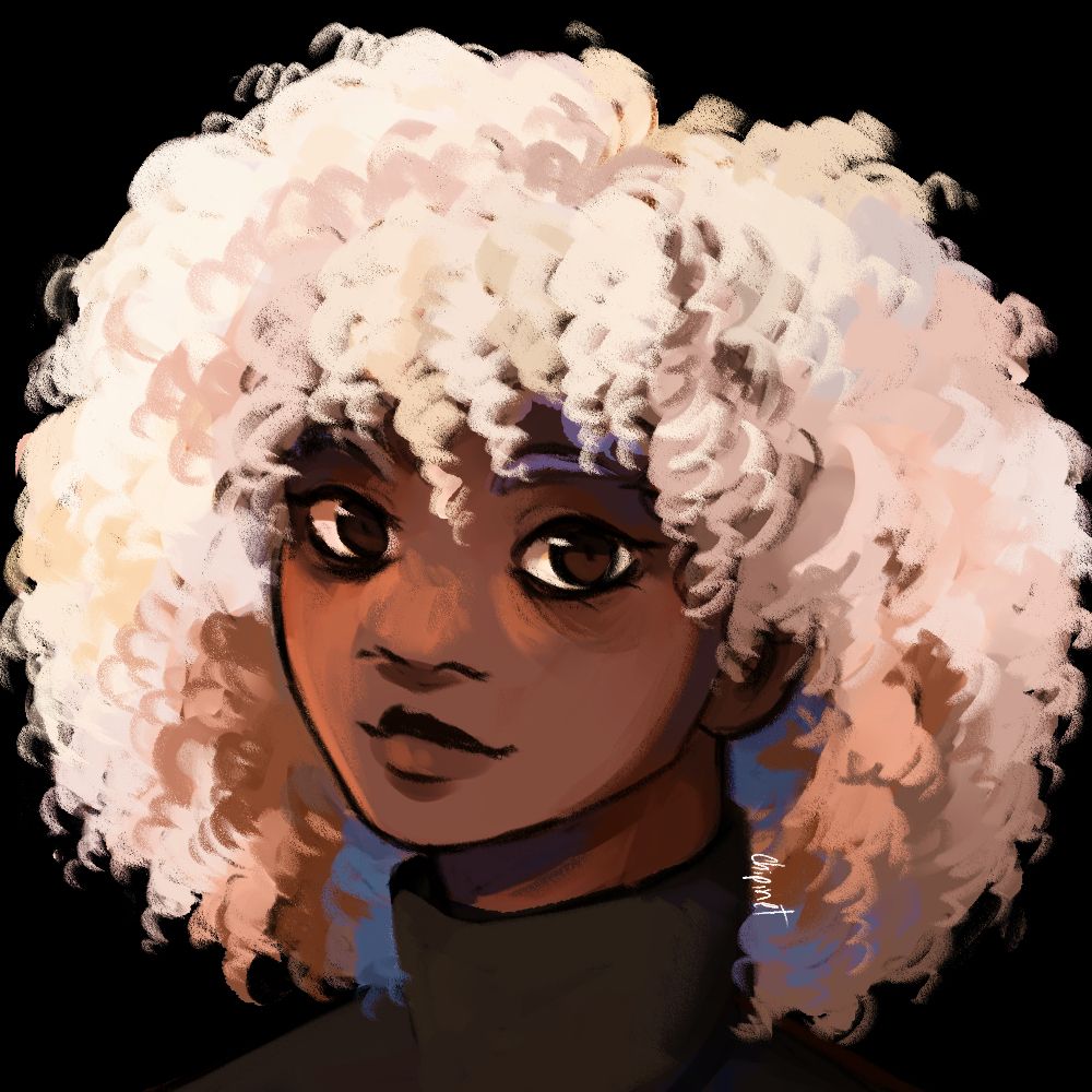 Portrait of a woman with dark skin and bright white hair, wearing a black turtleneck