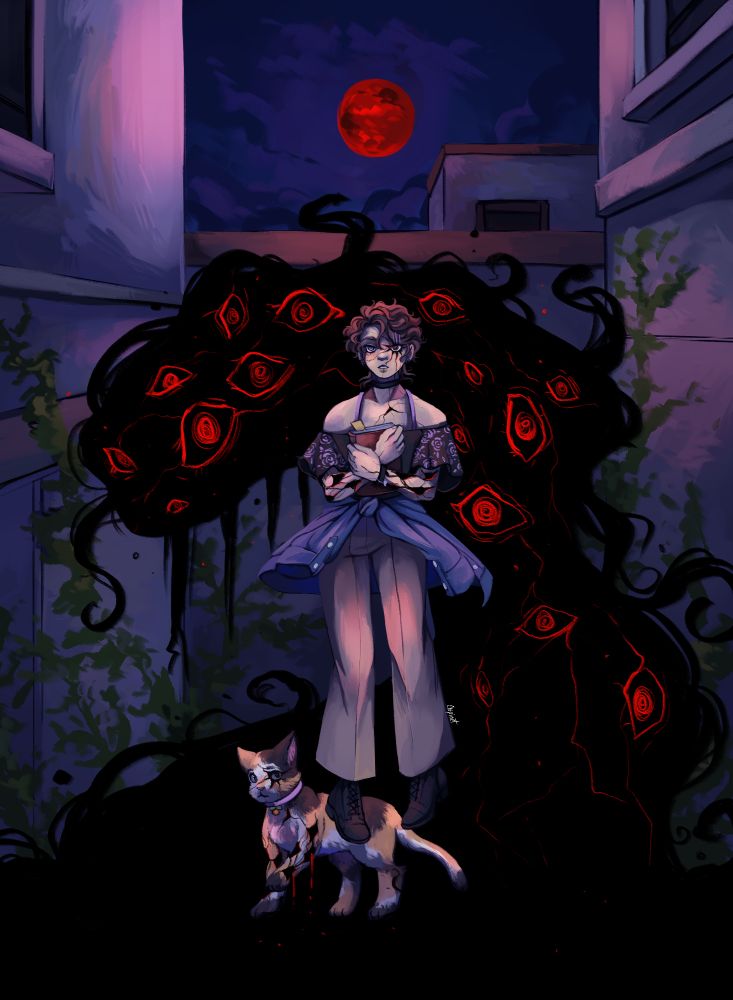 Drawing of a floating woman holding a book, with a calico cat at her feet, both covered in black cracks. Behind them stand a black creature covered in red eyes