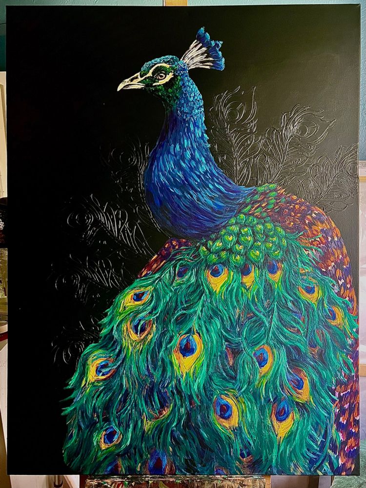 A painting of a peacock. It is large with a matte black background. The background has textured feathers. The peacock is bright and highly saturated colors