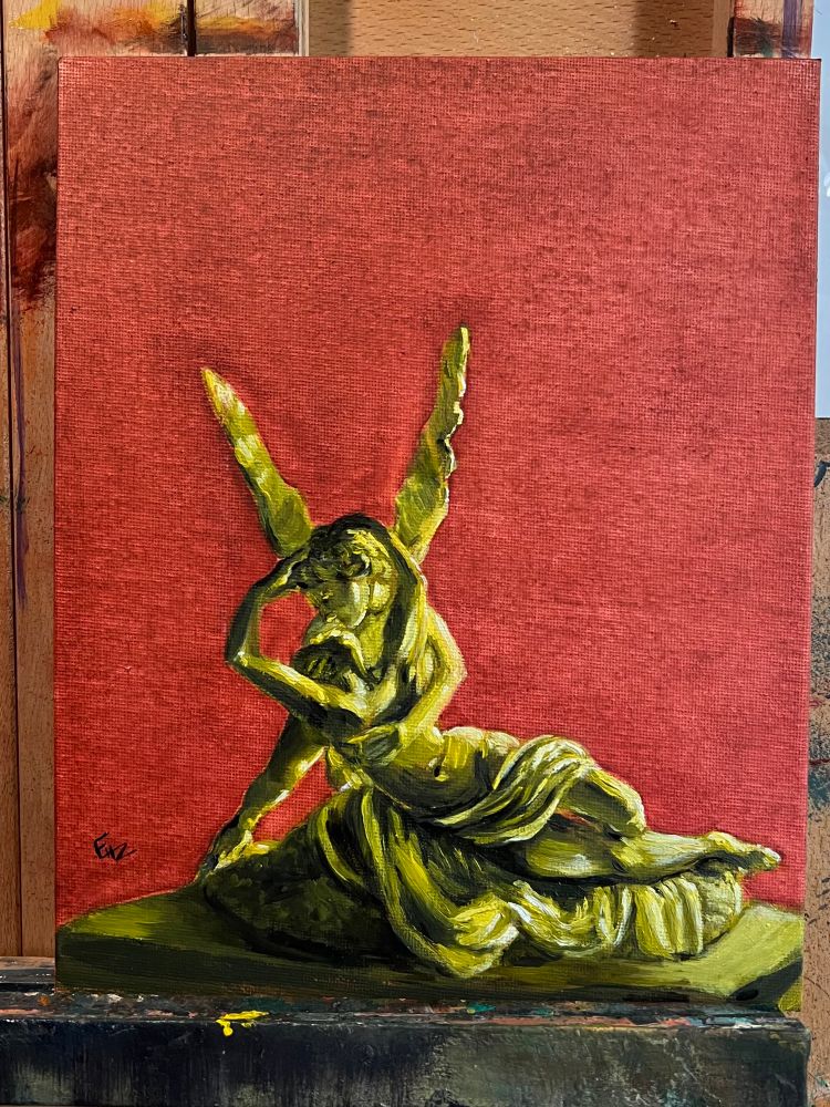 A small oil painting. The background is a sheer red, showing the texture beneath. The foreground is a recreation of the Eros and Psyche statue from the louvre. It is monochromatic of shades from black, through green and into yellow to white. 