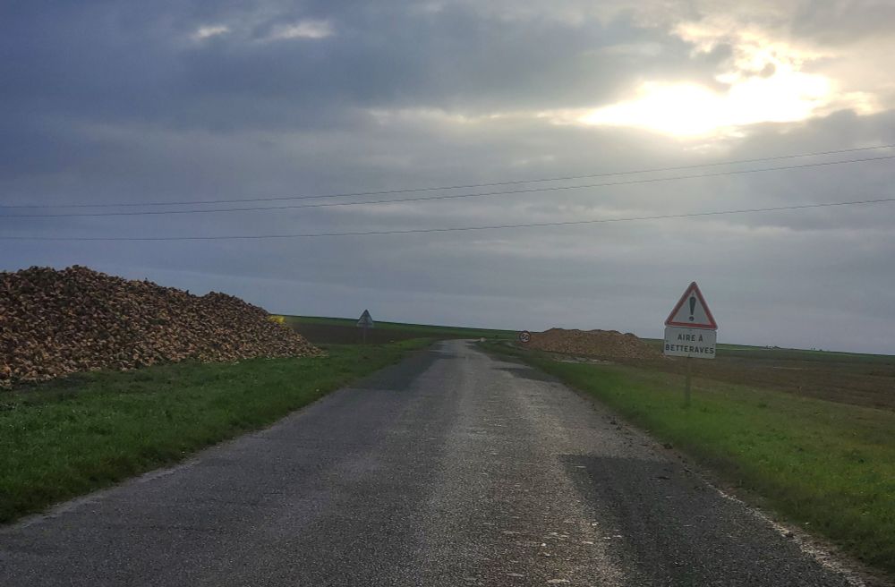 Route de campagne, des tas de betteraves de plusieurs metres de haut de chaque côté de la route, un panneau attention avec en dessous un texte "aire à betteraves"