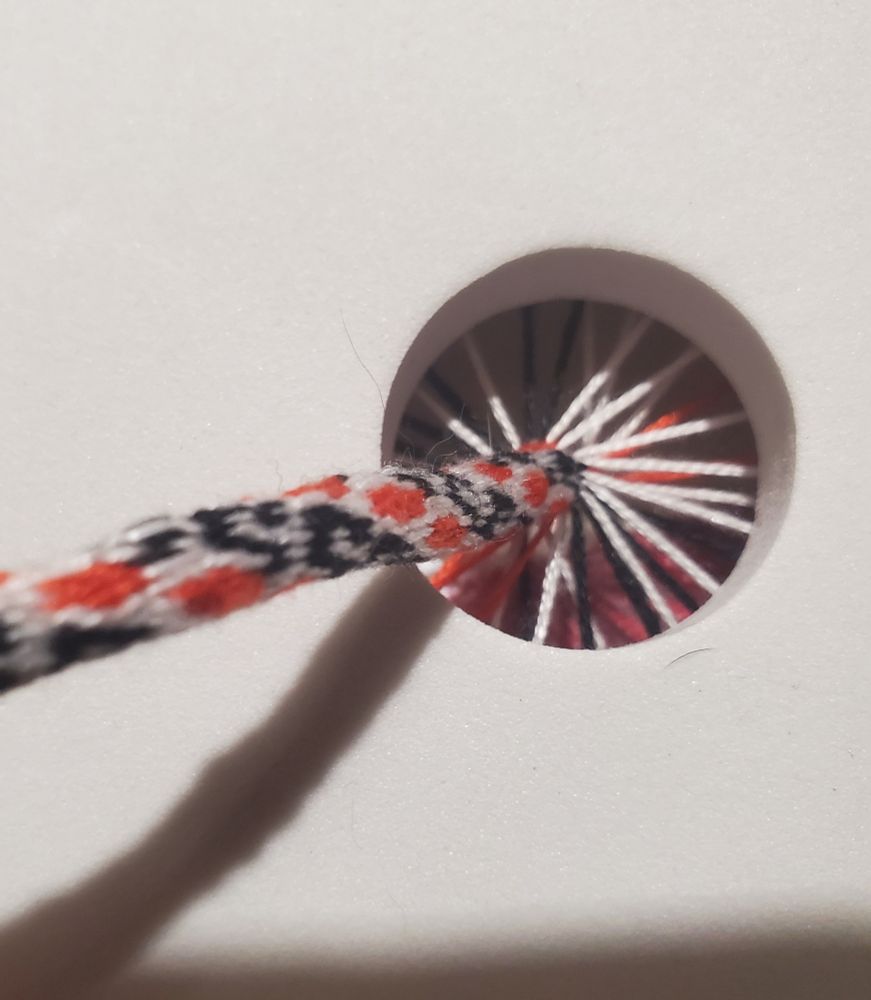 Corde faite par la technique japonaise kumihimo, avec un motif à fleurs rouges avec une tige noire entrelacée