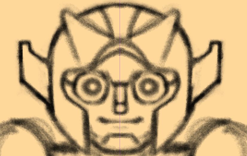 Sketch of soon-to-be Henry, the iron bowler, staring right at you with incredibly dead, mortified eyes. He's smiling, tho, so maybe things aren't as bad? :)