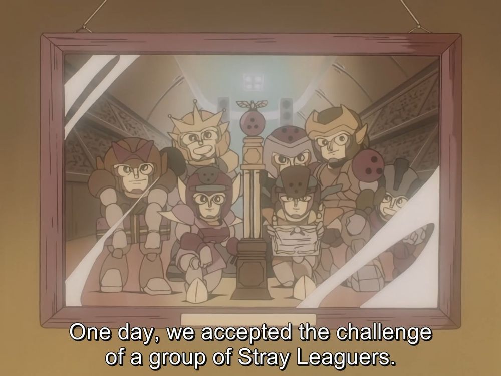 A frame from the episode 36 of Shipu! Iron Leaguer, showing a photo of Watt, Amp, and 5 other unnamed bowling leaguers, posing with a trophy.