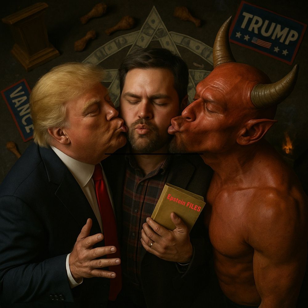 Bird’s-eye satirical portrayal shows a Midwestern senator in flannel and blazer (JD Vance) leaning protectively over a bombastic figure with swept-back blond hair and red tie (Donald Trump), holding a folder labeled “Epstein Files.” Under harsh monochrome spotlights, the senator’s clenched jaw and focused gaze confront a swirl of paparazzi flashes, scandal headlines, and camera shutters, capturing the raw tension of political crisis management. Scattered campaign signs hints at ominous fallout.!