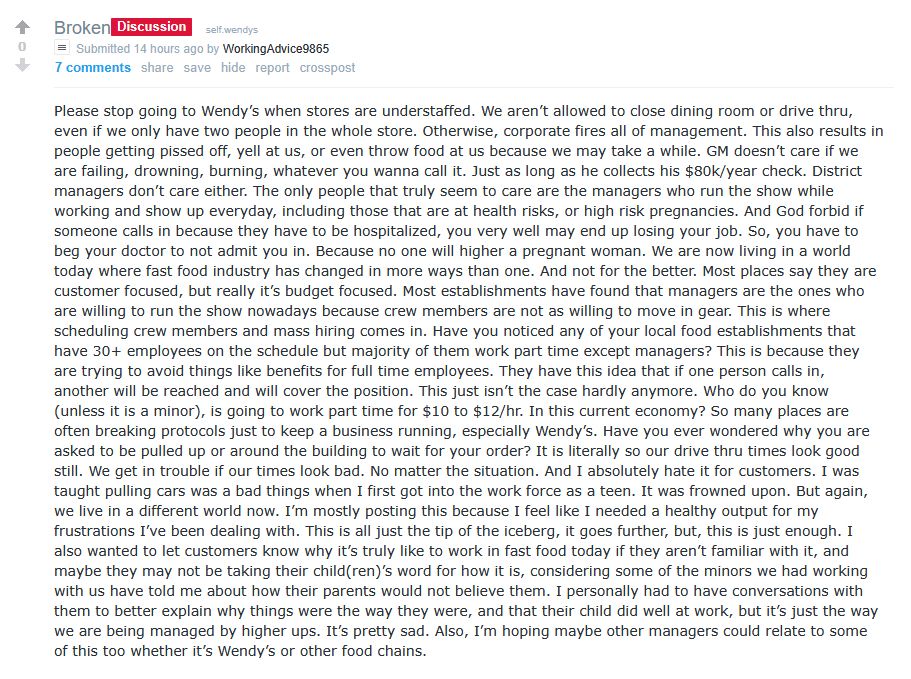 'Please stop going to Wendy's when stores are understaffed.'